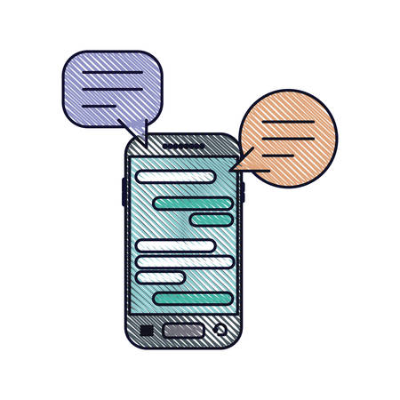 Smartphone with speech dialogue text in screen in colored crayon silhouette vector illustrationのイラスト素材