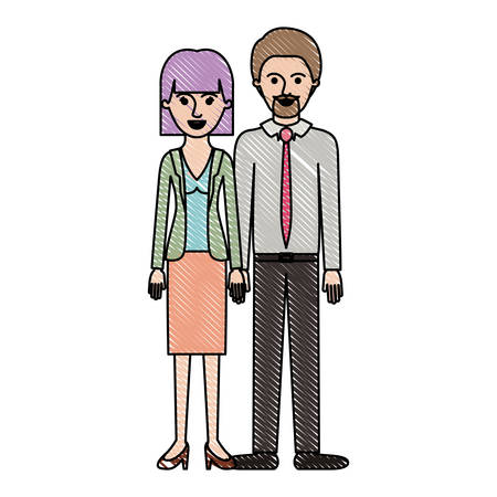 Couple in colored crayon silhouette and her with blouse and jacket and skirt and heel shoes with mushroom hairstyle and him with shirt and tie and pants and shoes with short hair and goatee beard vector illustration.のイラスト素材