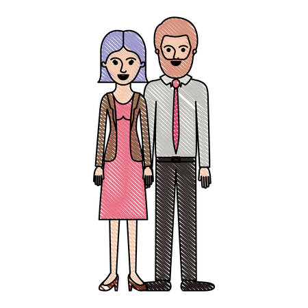 couple in colored crayon silhouette and her with blouse and jacket and skirt and heel shoes with short straight hairstyle and him with shirt and tie and pants and shoes with short hair and bearded vector illustrationのイラスト素材
