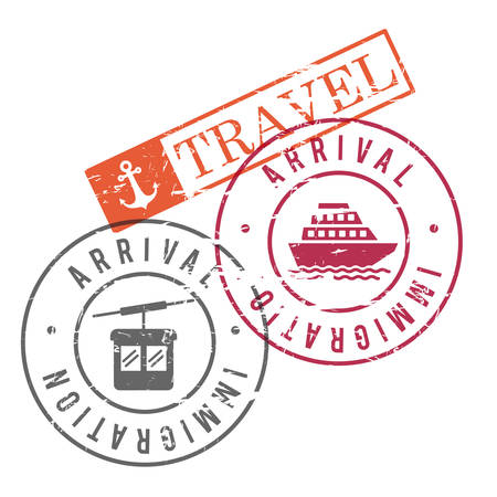 Arrival immigration travel stamps of cableway and ship in colorful silhouette vector illustration.のイラスト素材