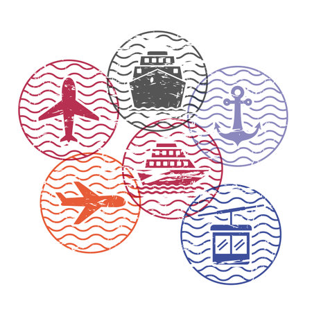 Ship and airplane and cable way travel circular stamps in colorful silhouette illustration.のイラスト素材