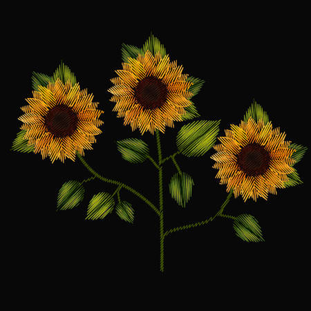 colorful sunflowers plant set embroidery in black background vector illustrationのイラスト素材