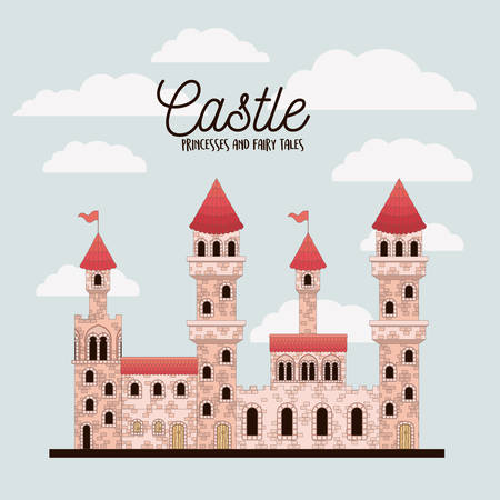 poster of pink castle princesses and fairy tales with castle and colorful sky background vector illustrationのイラスト素材