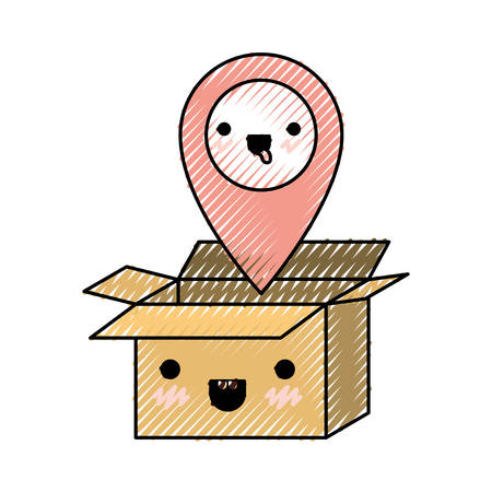 Opened cardboard box with map pointer on top in colored crayon silhouette vector illustrationのイラスト素材