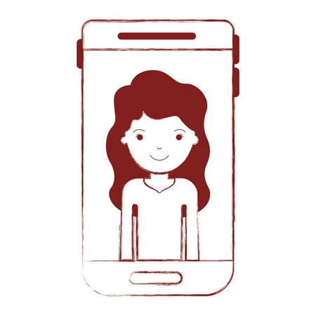 Smartphone woman profile picture with long wavy hair in dark red blurred silhouette vector illustrationのイラスト素材
