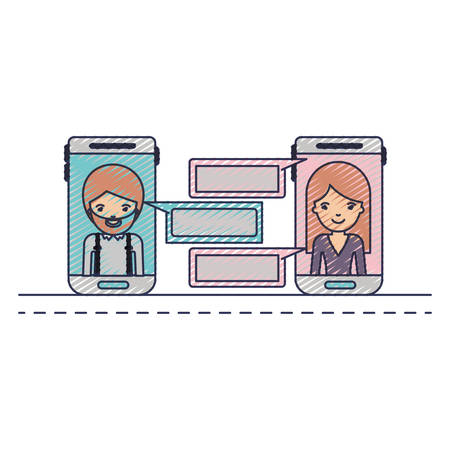 Man and woman social network chat in smartphone in colored crayon silhouette. Vector illustration.のイラスト素材