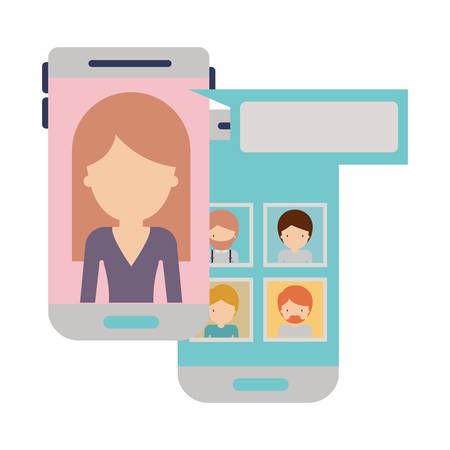 Faceless woman and group social network chat in smartphone. Colorful silhouette vector illustration.のイラスト素材