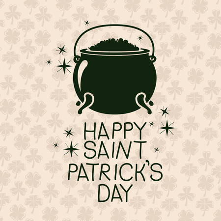 poster happy saint patricks day with treasure in cauldron in green color silhouette with background pattern of clovers vector illustrationのイラスト素材