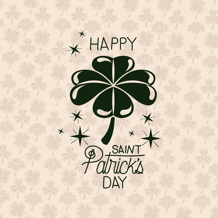 poster happy saint patricks day with clover of four leaves in green color silhouette with background pattern of clovers vector illustrationのイラスト素材
