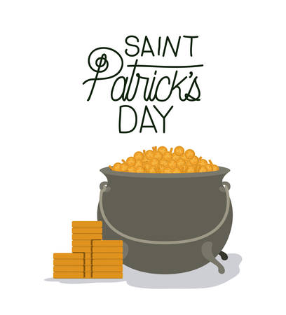 poster saint patricks day with treasure in cauldron and stacked golden coins in colorful silhouette over white background vector illustrationのイラスト素材