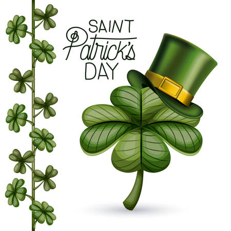 poster Saint Patrick's day with clover of four leaves with top hat in colorful silhouette over white background vector illustrationのイラスト素材