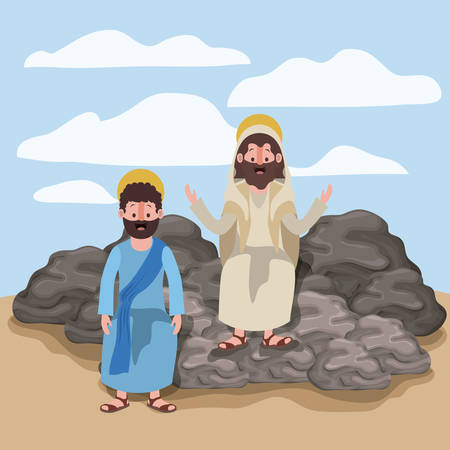 Jesus the Nazarene and Philip in scene in desert sitting on the rocks in colorful silhouette vector illustrationのイラスト素材