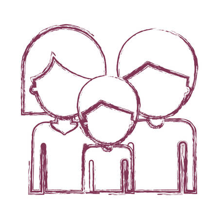 Half body faceless people and woman mushroom hairstyle and man and boy with short hair in purple blurred contour vector illustration.のイラスト素材