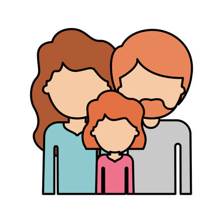 Half body faceless people with woman and girl with wavy hair and man with beard in colorful silhouette with thick contour vector illustrationのイラスト素材