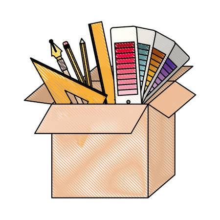 cardboard box with graph design tools in colored crayon silhouette vector illustrationのイラスト素材