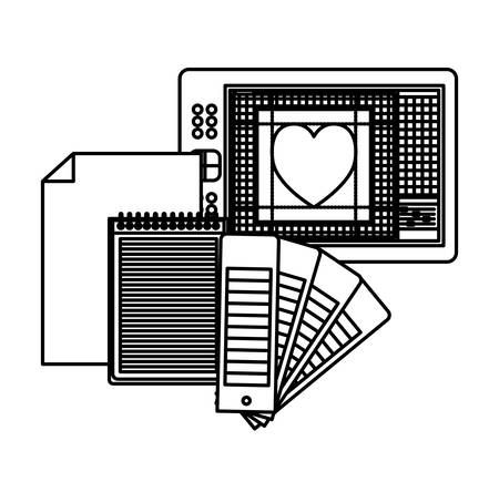 sheet in blank and spiral notebook and color palette guide and heart design in black contour vector illustrationのイラスト素材