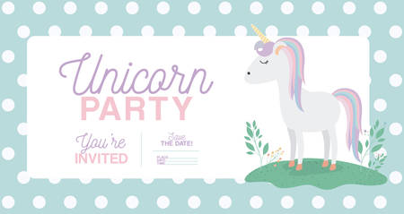Unicorn party invitation card with dots decoration vector illustration design.のイラスト素材