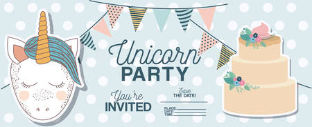 Unicorn party invitation card with floral decoration and cake. Vector illustration design.のイラスト素材
