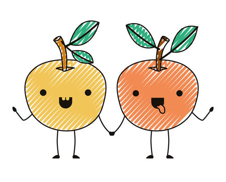 orange couple fresh and citrus fruit kawaii characters vector illustration designのイラスト素材