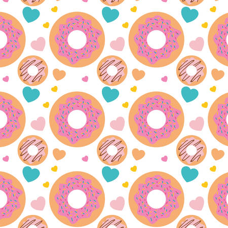 Delicious and sweet donuts and hearts pattern background vector illustration design.のイラスト素材