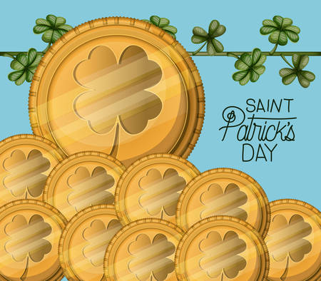 Poster of Saint Patrick's day with gold coins set with emblem of clover and climbing plant of clovers in colorful silhouette over light blue background vector illustrationのイラスト素材