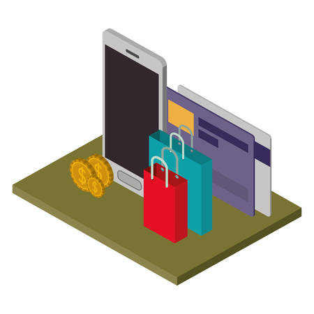 smartphone with shopping bag and coins isometric icon vector illustration designのイラスト素材