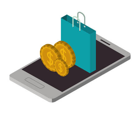 Mobile phone with shopping bag and coins illustrationのイラスト素材