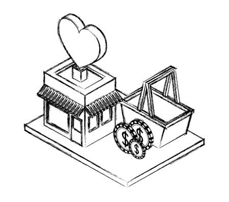 store building with heart and basket vector illustration designのイラスト素材