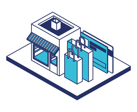 Store building with shopping bags and credit card isometric icon vector illustrationのイラスト素材