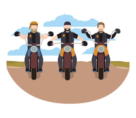 group of bikers in the classic motorcycle scene character vector illustration designのイラスト素材
