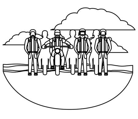 group of bikers in the classic motorcycle scene character vector illustration designのイラスト素材