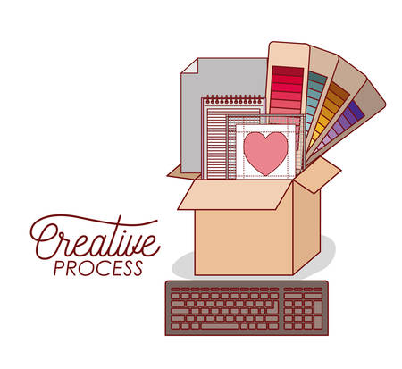 set work elements for graphic design in carton box colorful silhouette creative process with keyboard on white background vector illustrationのイラスト素材