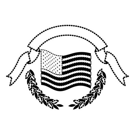 A united states flag waving with olive branches and ribbon on top in monochrome dotted silhouette vector illustrationのイラスト素材