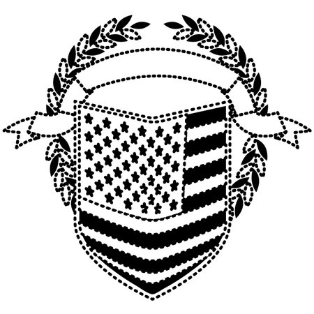 united states flag in shape of shield with olive crown and ribbon on top in monochrome dotted silhouette vector illustrationのイラスト素材