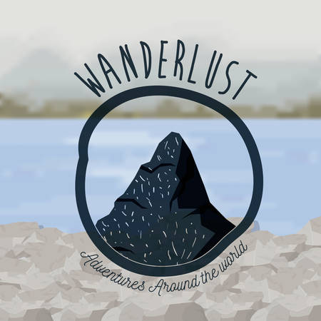 outside forest scenery with lake and wanderlust logo rocks vector illustrationのイラスト素材