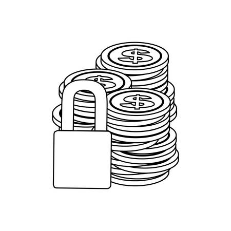 monochrome contour of coins stacked and padlockのイラスト素材