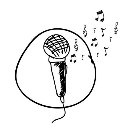 monochrome hand drawing of microphone in circle and musical notes vector illustrationのイラスト素材