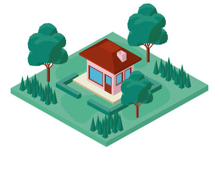 mini tree and house isometric vector illustration designのイラスト素材