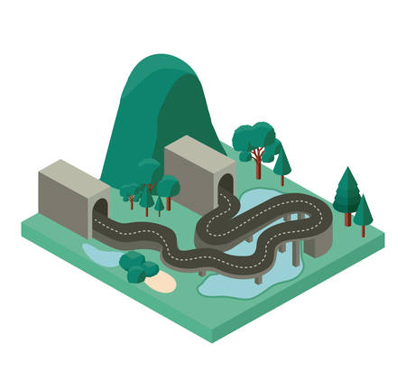 mini forest scene with road and tunnel isometric icons vector illustration designのイラスト素材