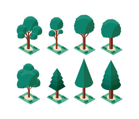 set of trees plants mini isometric icons vector illustration designのイラスト素材
