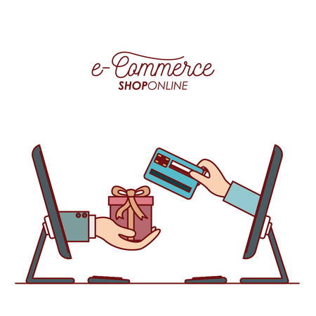 desktop computer with hand holding a gift box while processing payment card. side view. E-commerce conceptのイラスト素材