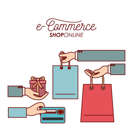 elements process payment and receiving gift and bag shopping e-commerce shop online on white background vector illustrationのイラスト素材