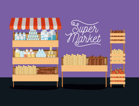 supermarket three shelves colorful poster design with foods and beverages vector illustrationのイラスト素材