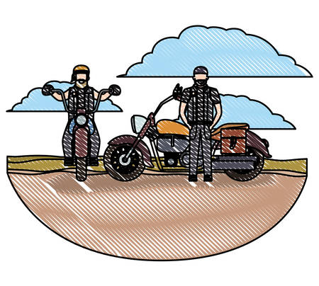 Group of bikers in the classic motorcycle scene character vector illustration designのイラスト素材