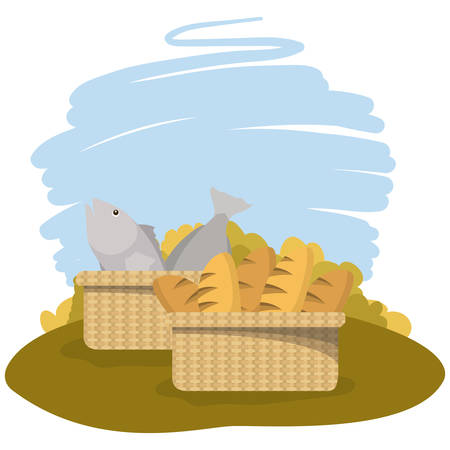 baskets with fish and bread vector illustration designのイラスト素材