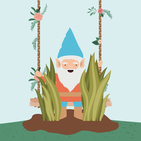 gnome character in the garden with label wooden vector illustration designのイラスト素材