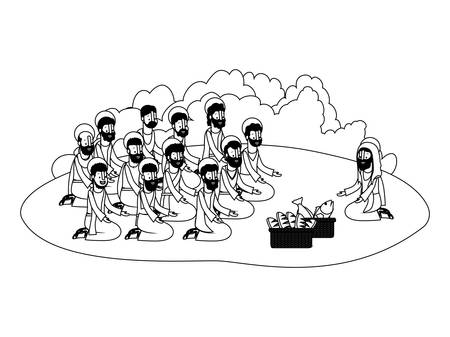 Jesus christ with apostles multiplication of bread and fish biblical scene vectorのイラスト素材