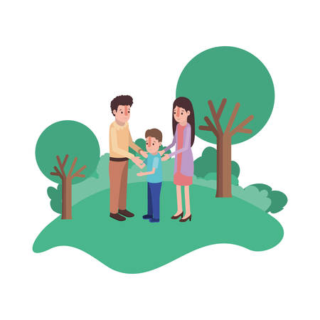 Parents with son in field landscapeのイラスト素材
