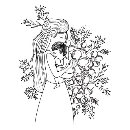 mother lifting son with floral decoration vector illustration designのイラスト素材