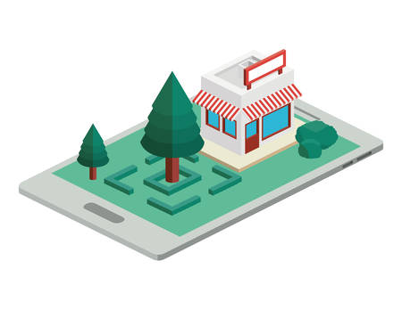 smartphone with camp and building isometric vector illustration designのイラスト素材